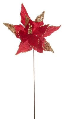 60cm red poinsettia stem with glitter'