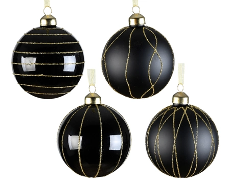 Bauble Glass Shiny - Matt W Glitter Lines 4Ass Black Dia8cm