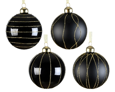 Bauble Glass Shiny - Matt W Glitter Lines 4Ass Black Dia8cm