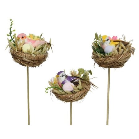 Bird Nest Straw Bird- Egg- Flowers H36.00cm Asst