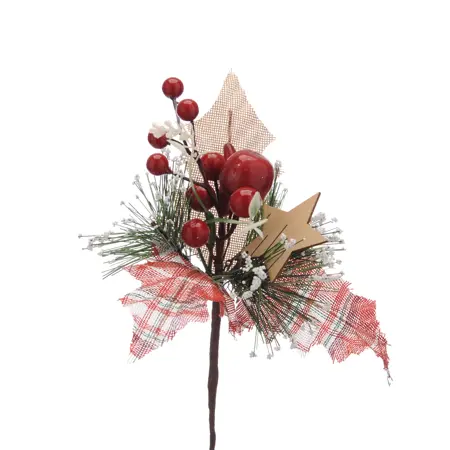 CN 19Cm Frosted Spruce - Tartan Leaves, Pinecone Pick