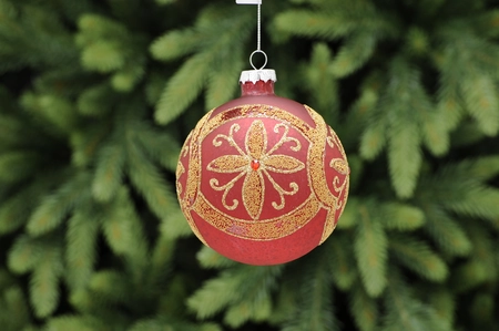 CS 10cm red glass ball with gold glitter flower