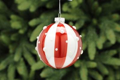 CS 10cm red/white stripped glass ball - white pearls