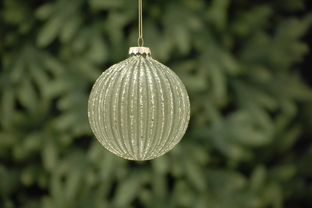 CS 10cm sage green ridged - glitter glass ball