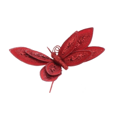 CS 26cm red glitter butterfly stem