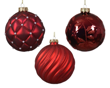 CS Bauble Glass Shiny-Matt Line-Check-Leaf 3Ass Christmas Red/Colour(S) D.10cm