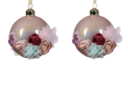 FB Bauble Glass W Fabric Flowers, Glitter Leaves, Gems Ass D.10cm