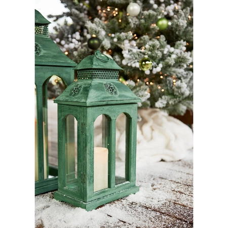 Lantern firwood rectangle with flower Dark Green H52cm