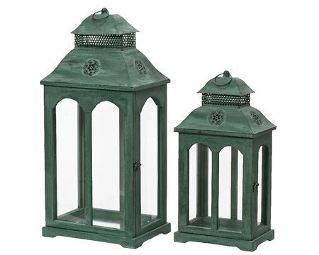 Lantern firwood rectangle with flower Dark Green H66cm