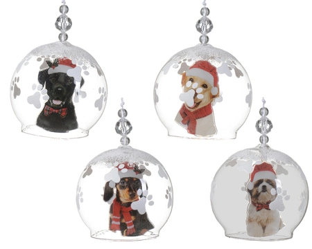 SB Bauble Glass Snow FOn Top W White Snow Inside, W Dog Foot