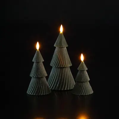 Set Of 3 Christmas Tree Wax Candle Lights - Cream