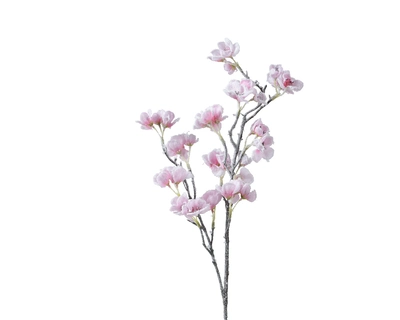 Spray cherry blossom on stem polyester snow L83cm Pink