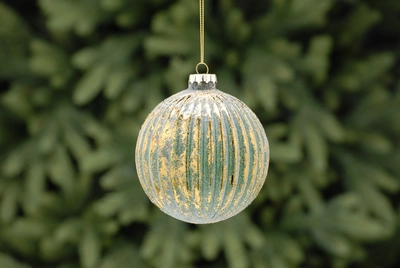 WM 10cm green/gold stripped aged effect glass ball