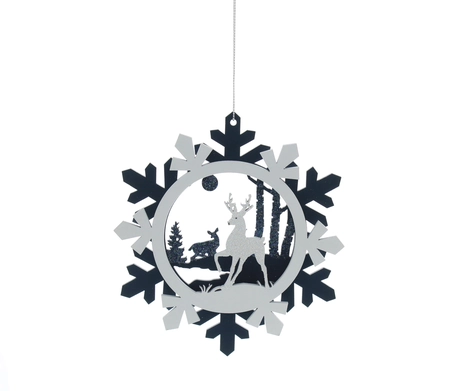 WM 14cm hanging blue/white wooden snowflake-reindeer