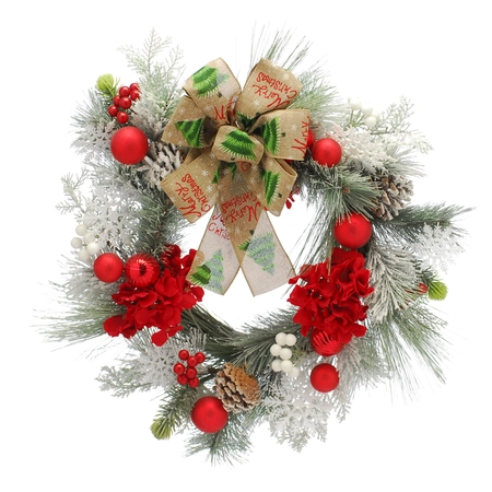 WM 61cm red hydrangea flower/white snowflake wreath