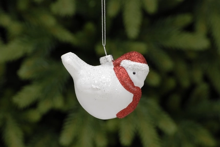 WM 8cm white glass bird with scarf